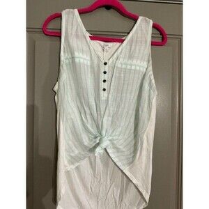 Candies Sz L White and Green Stripe Tie Front Mixed Media Tan Shirt NWT